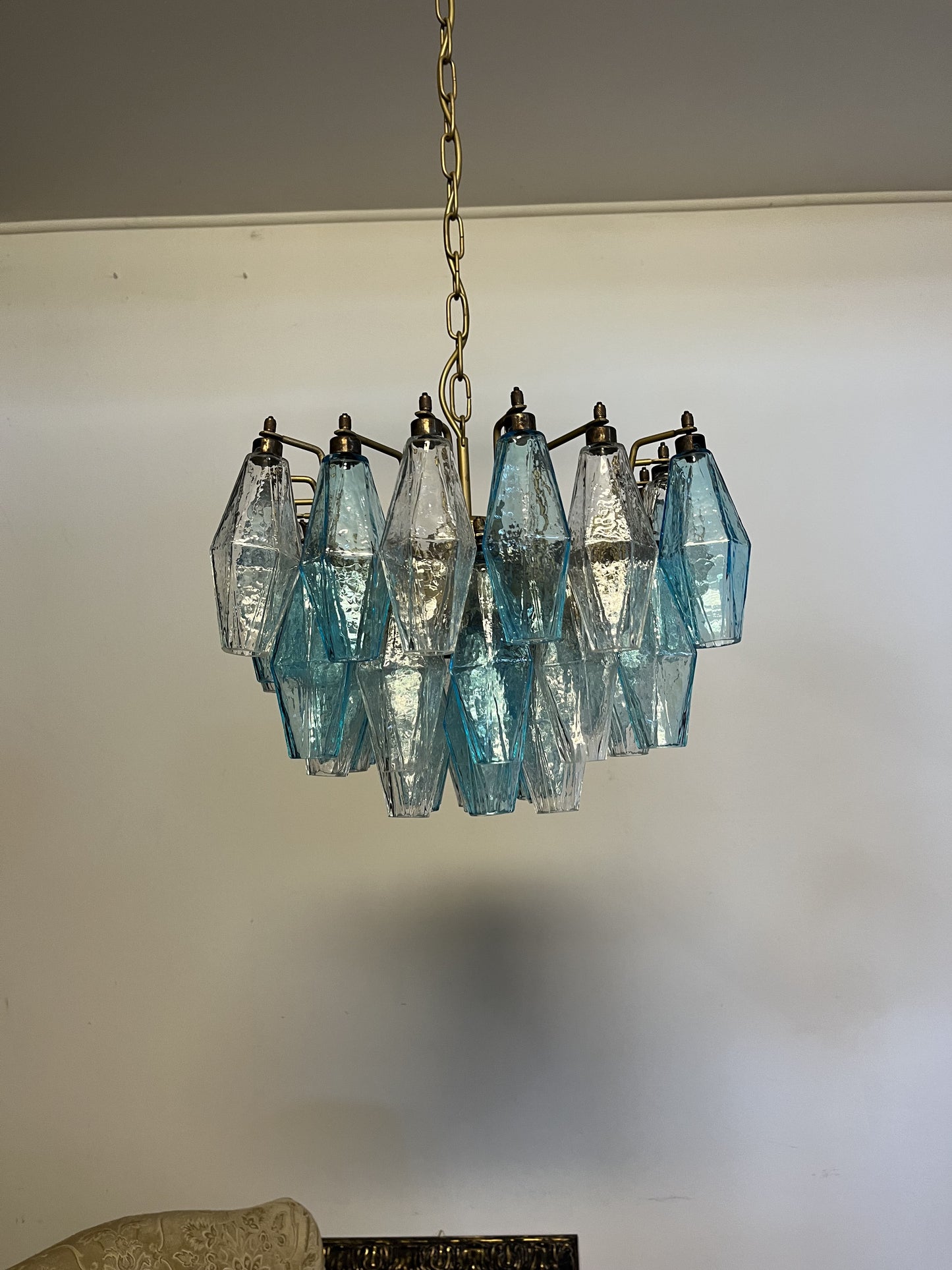 Murano Chandelier | 56 Clear and Blue Polyhedral Glass