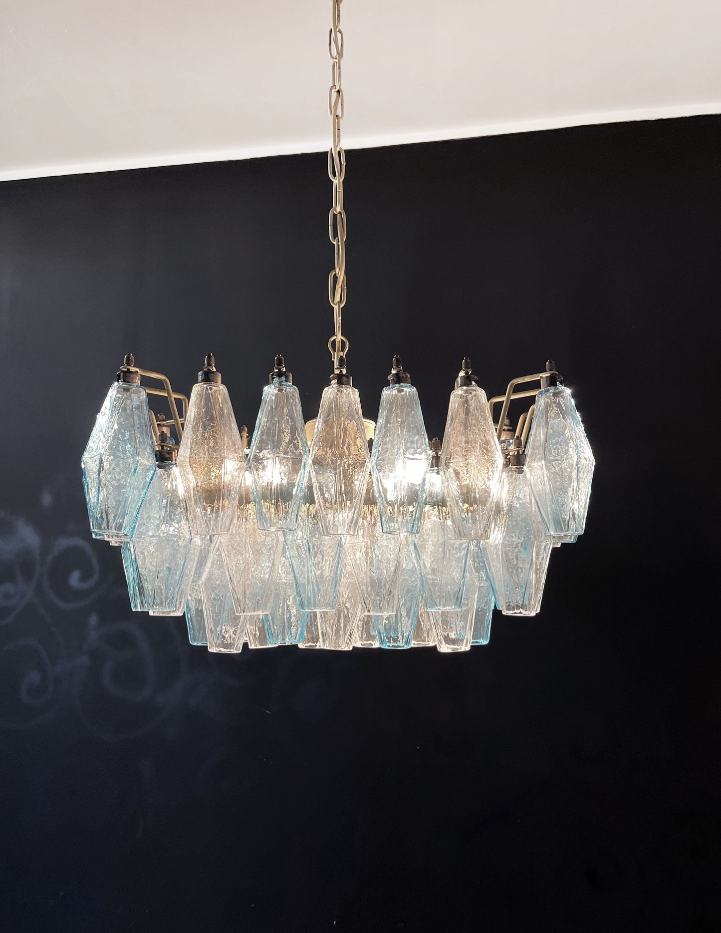 Murano Chandelier | 56 Clear and Blue Polyhedral Glass