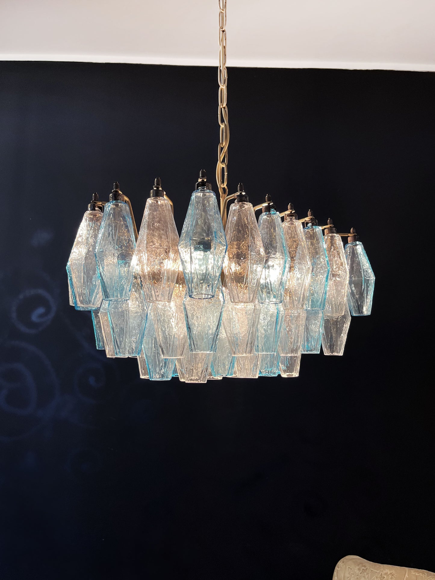 Murano Chandelier | 56 Clear and Blue Polyhedral Glass