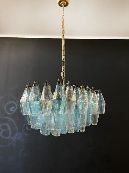 Murano Chandelier | 56 Clear and Blue Polyhedral Glass