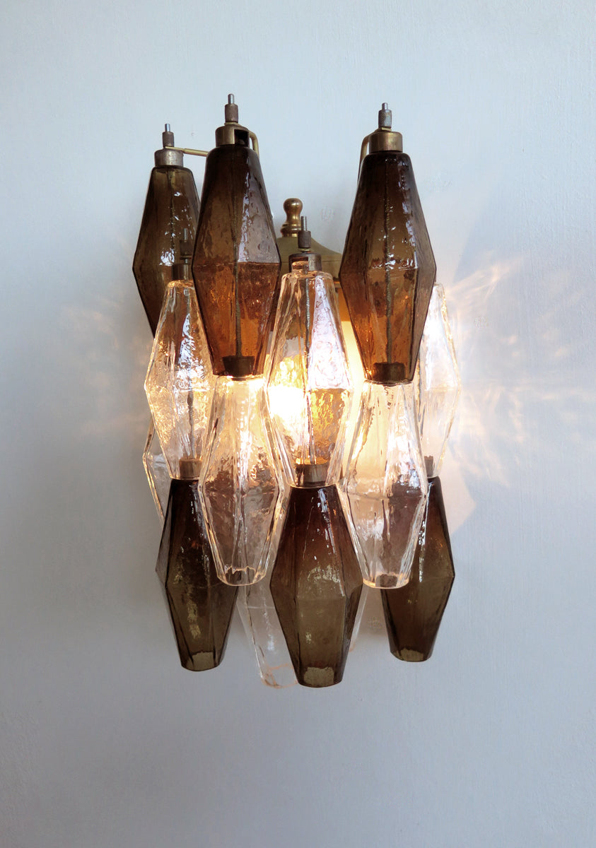 Murano Vegglampe – 17 Klare og Røykfargede Poliedriglass – 2 stk – detalj 1 – Murano Classics