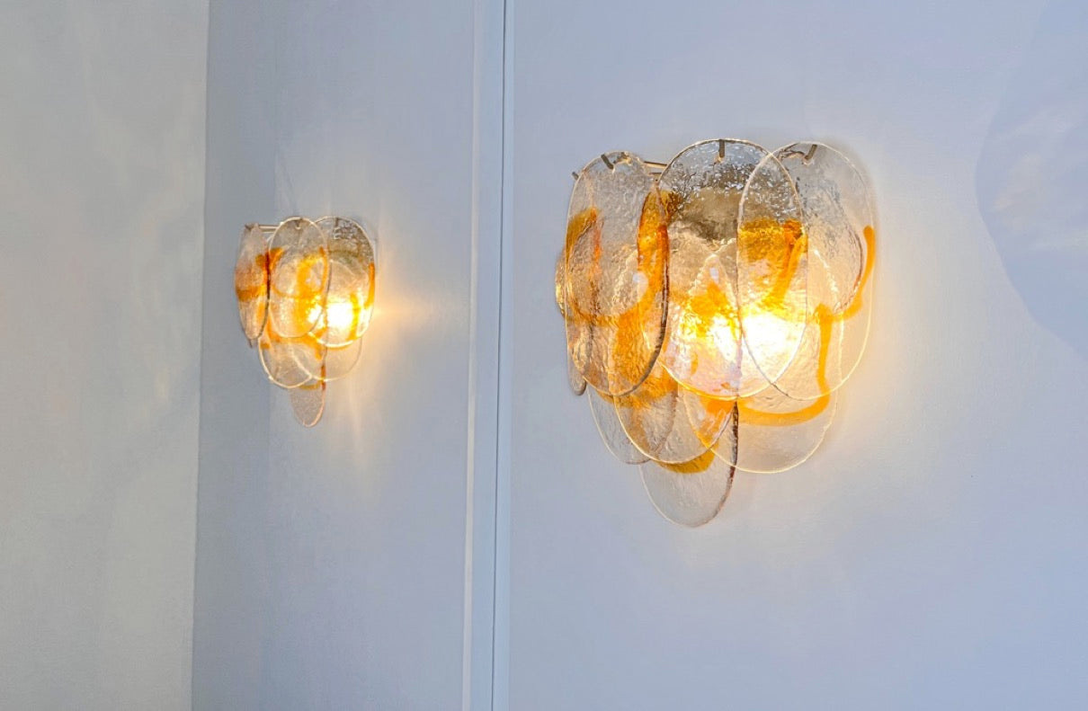 Murano Vegglampe | 20 Klare Gule Konglebladglass | 1 par