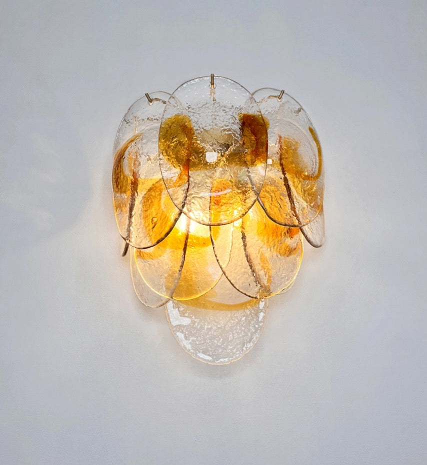Murano Vegglampe | 20 Klare Gule Konglebladglass | 1 par