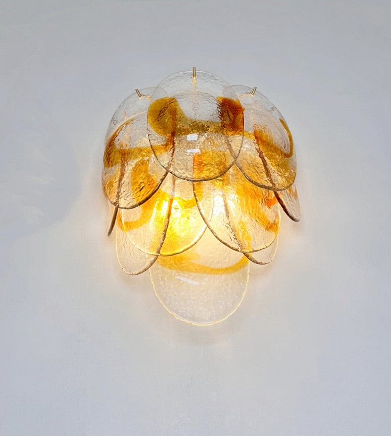 Murano Vegglampe | 20 Klare Gule Konglebladglass | 1 par
