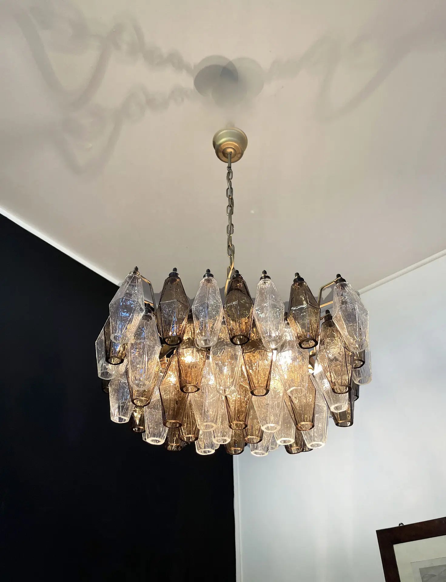 Murano Lysekrone – 56 Klare og Røykfargede Poliedriglass – detalj 7 – Murano Classics
