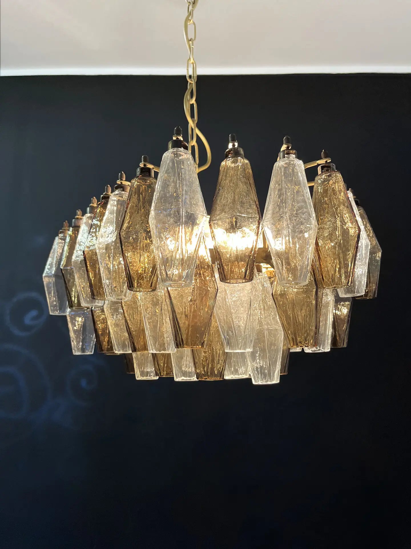 Murano Chandelier | 56 Clear and smoke colored Polyhedral glasses